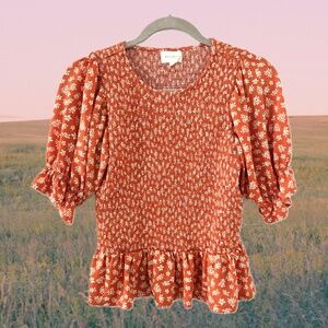 Melloday Orange Puff Sleeve Top Ruched